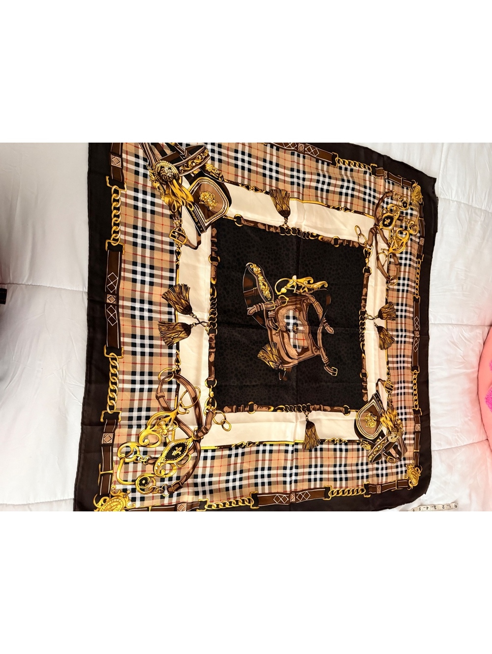 Elegant Brown and Beige Patterned Square Scarf with Gold Acc